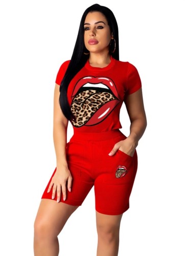 Red Leopard Tongue Print Two Piece Shorts Set