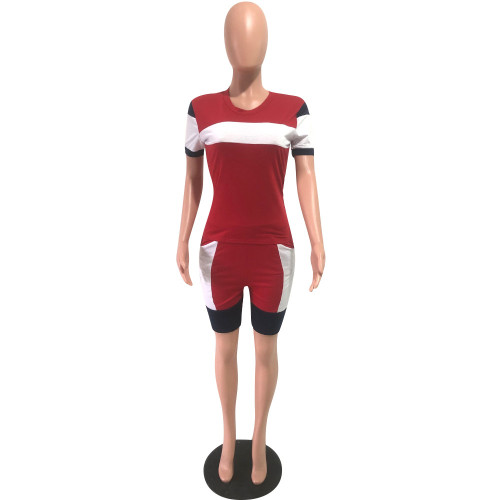 Colorblock Red Oriented Sporty Two Piece Shorts Set