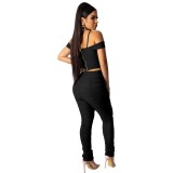 Black Straps Crop Top and Ruched Pants