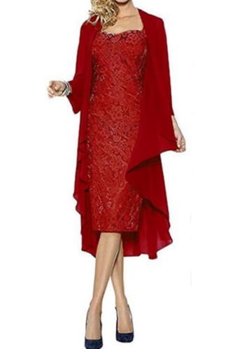 Red Wide Strap Lace Dress with Chiffon Cardigan