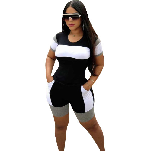 Colorblock Black Oriented Sporty Two Piece Shorts Set