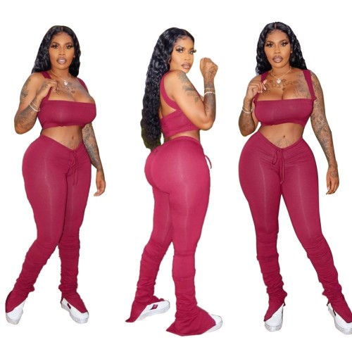 Wine Red Strap Crop Top with Drawstring  Ruched Pants