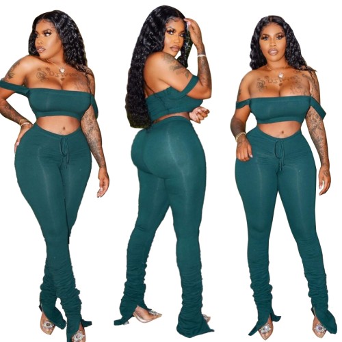 Green Strap Crop Top with Drawstring  Ruched Pants