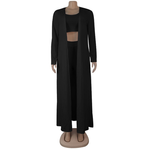 Black 3PCS Set Crop Top & Pants & Cardigan