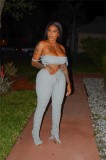 Light Gray Strap Crop Top with Drawstring  Ruched Pants