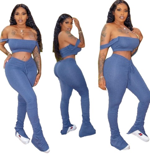 Blue Strap Crop Top with Drawstring  Ruched Pants