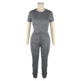 Gray Cotton Ruched Two Piece Pants Set