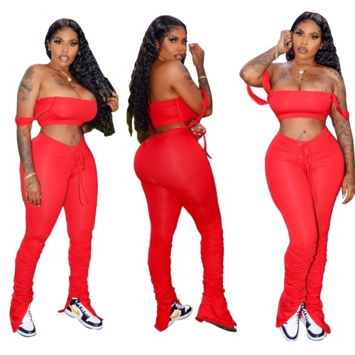 Red Strap Crop Top with Drawstring  Ruched Pants
