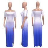 Graident Blue Off Shoulder Slit Maxi Dress