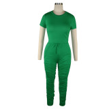 Green Cotton Ruched Two Piece Pants Set