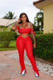 Red Strap Crop Top with Drawstring  Ruched Pants
