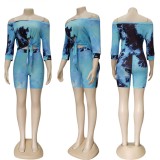 Tie Dye Blue Off Shoulder Two Piece Shorts Set