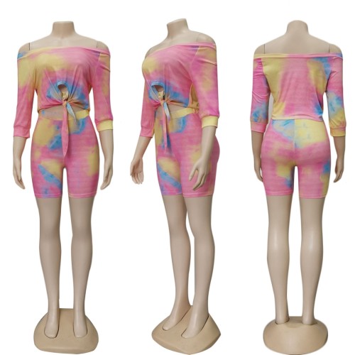 Tie Dye Pink Off Shoulder Tie Dye Two Piece Shorts Set