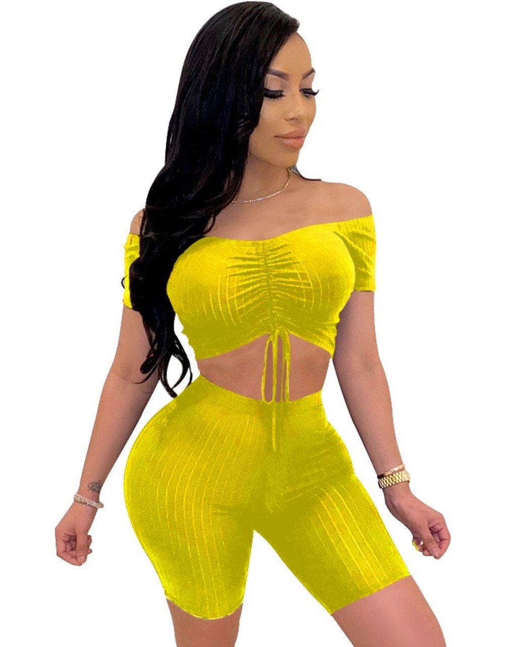 Yellow Drawstring Front Two Piece Shorts Set US$ 7.11 - www.lover ...