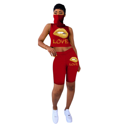 Print Red Two Piece Shorts Set with Built-in Mask
