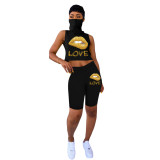 Print Black Two Piece Shorts Set with Built-in Mask