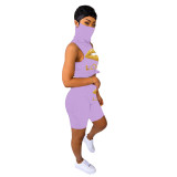 Print Lilac Two Piece Shorts Set with Built-in Mask