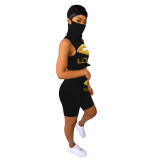 Print Black Two Piece Shorts Set with Built-in Mask