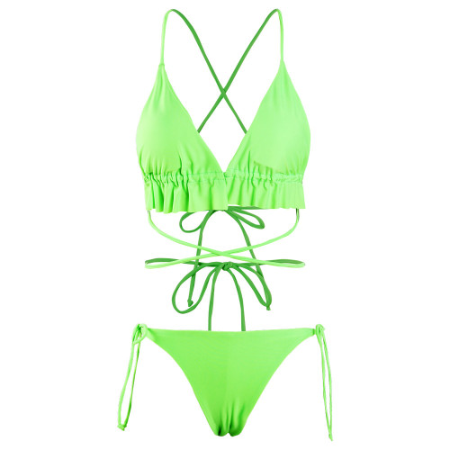 Green Frill Strings Brazilian Bikini Set