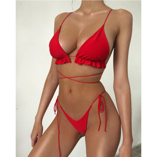Red Frill Strings Brazilian Bikini Set