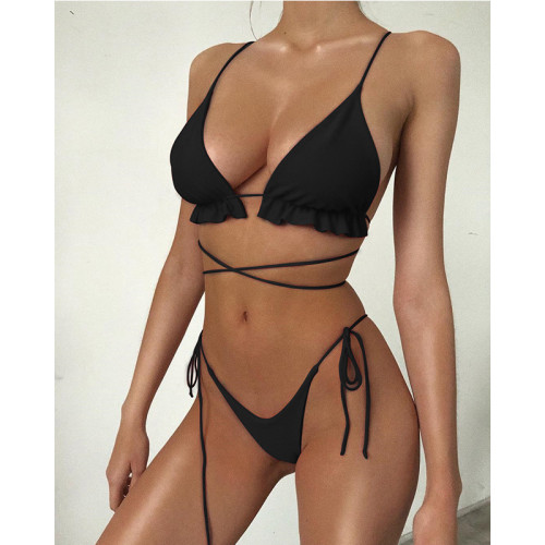 Black Frill Strings Brazilian Bikini Set