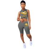 Print Gray Two Piece Shorts Set with Built-in Mask