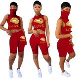 Print Red Two Piece Shorts Set with Built-in Mask