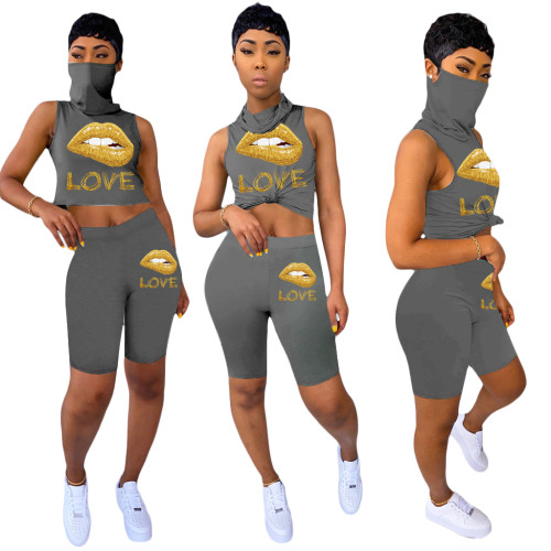 Print Gray Two Piece Shorts Set with Built-in Mask