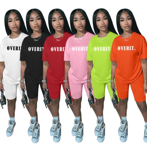 Green Letter Print Leisure Tee Top with Shorts