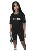 Black Letter Print Leisure Tee Top with Shorts
