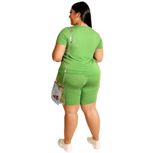 Plus Size Green Basic Two Piece Shorts Set