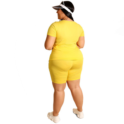 Plus Size Bright Yellow Simple Two Piece Shorts Set