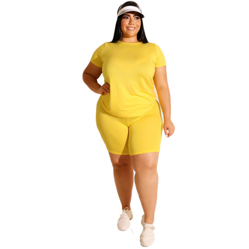 Plus Size Bright Yellow Simple Two Piece Shorts Set
