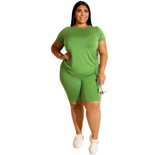 Plus Size Green Basic Two Piece Shorts Set