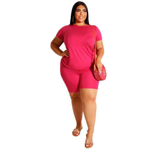 Plus Size Hot Pink Simple Two Piece Shorts Set