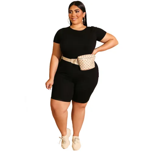 Plus Size Black Basic Two Piece Shorts Set