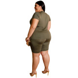 Plus Size Army Green Simple Two Piece Shorts Set