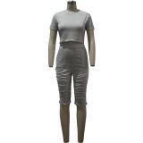 Fitted Gray Two Piece Ruched Shorts Set