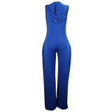 Sleeveless Blue Hooded Wide Leg Casual Jumpsuit