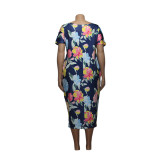 Plus Navy Floral Short Sleeve Casual Dress