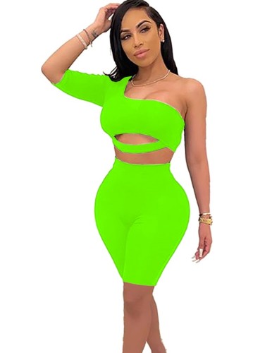 Neno Green One Shoulder Cut Out Crop Top & Skirt