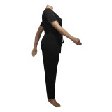 Black Plus Size V-Neck Waist Tie Wide Leg Jumpsuit