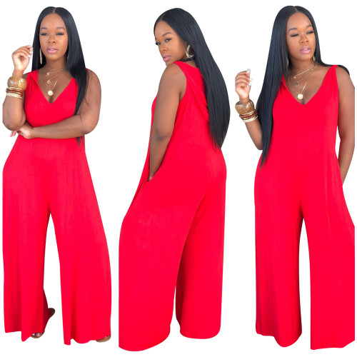 Hooded Red Sleeveless Wide Leg Casual Jumpsuit