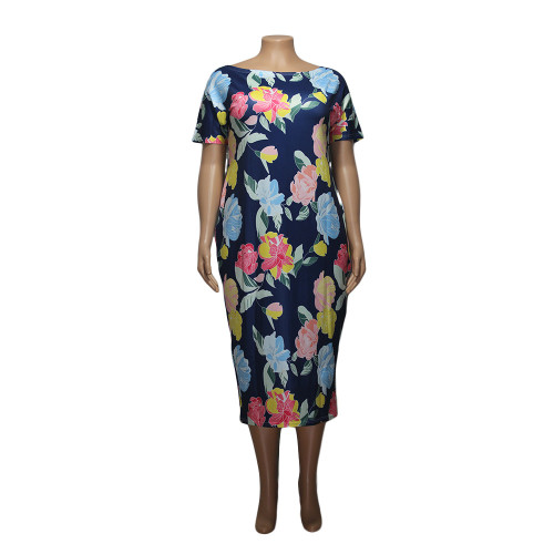 Plus Navy Floral Short Sleeve Casual Dress