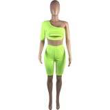 Neno Green One Shoulder Cut Out Crop Top & Skirt