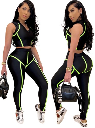 Black Zipper Crop Top & Pants with Green Piping