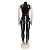Black Zipper Crop Top & Pants with Green Piping