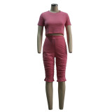 Pink Fitted Crop Top and Ruched Shorts Set