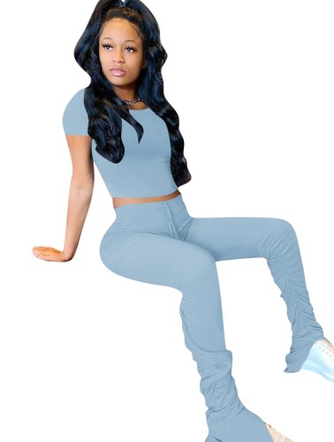 Light Blue Crop Top with Ruched Pants