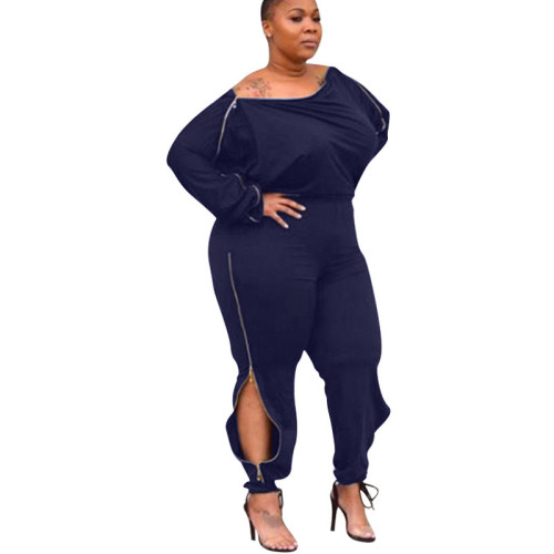 Plus Size Navy Blue Zipper Trim Casual Jumpsuit